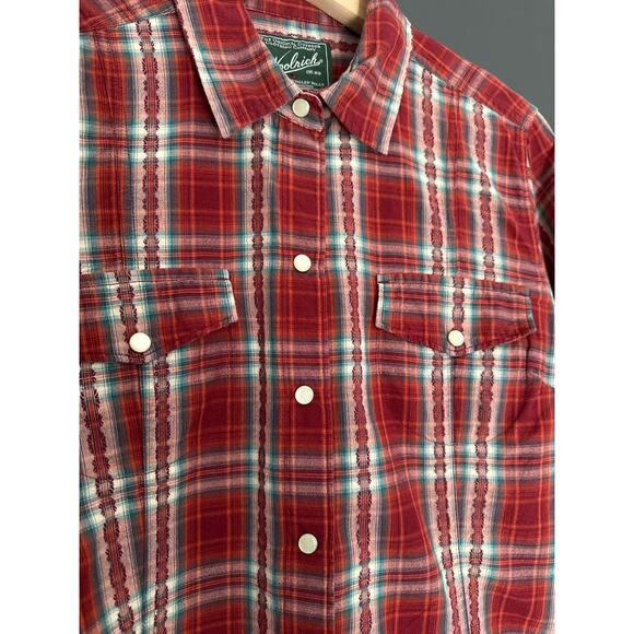 Woolrich Red Green White Plaid Pearl Snap Button Cotton Blouse Shirt Size Medium - Picture 4 of 10